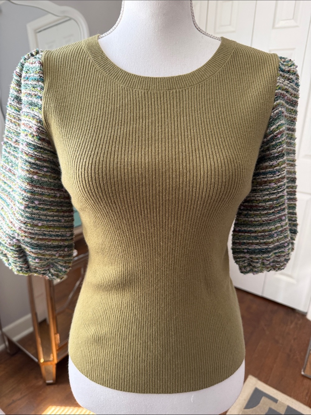 VOY Olive Green Multi Color Puff-Sleeve Knit Sweater M
